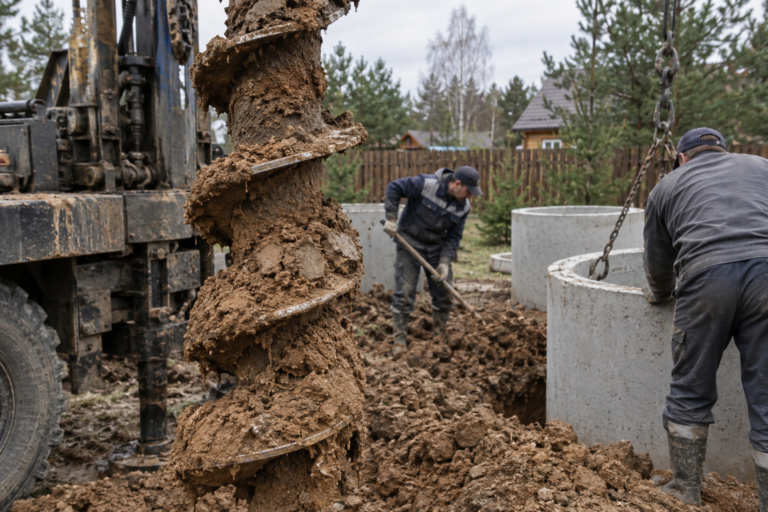 Шнек бурильной установки с глиной